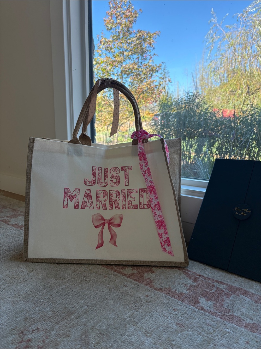 Just Married Canvas Tote Bag in White w/Pink Accents & Board for guest to sign